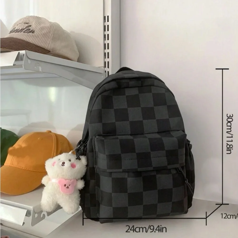 Waterproof,Lightweight Checkered Pattern Functional Backpack With Bag Charm